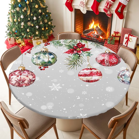 Fitted Tablecloth for 45-54in Round Table , Christmas Bells Poinsettia Berry Table Cover with Elastic Edge Waterproof Table Cloth, Winter Snowflakes on Grey Circle Table Covers for Kitchen Party