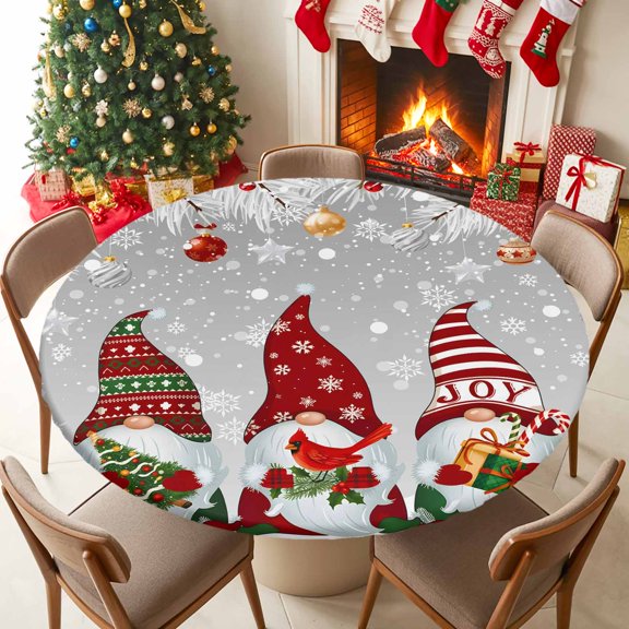 Fitted Tablecloth for 45-54in Round Table , Christmas Gnome Winter Snowflake Table Cover with Elastic Edge Waterproof Table Cloth, White Gray Fir Leaf Star Circle Table Covers for Kitchen Party