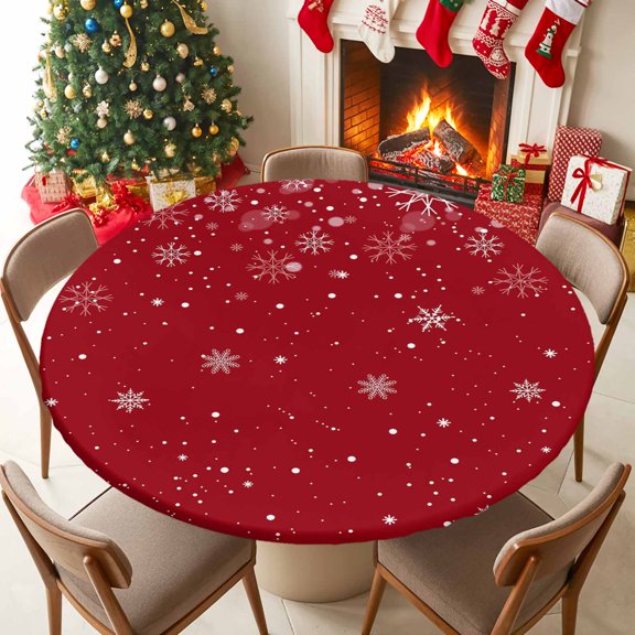 Fitted Tablecloth for 45-54in Round Table , Winter Christmas White Snowflake Table Cover with Elastic Edge Waterproof Table Cloth, Snow Ombre on Red Circle Table Covers for Kitchen Picnic Party