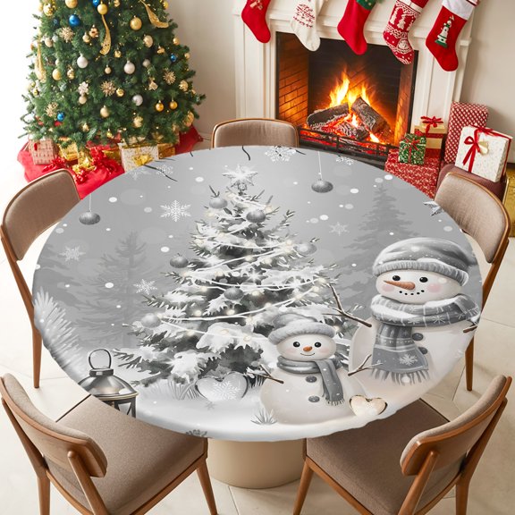 Fitted Tablecloth for 45-54in Round Table , Winter Snowflake Snowman Table Cover with Elastic Edge Waterproof Table Cloth, Christmas Ball Grey Theme Circle Table Covers for Kitchen Picnic Party
