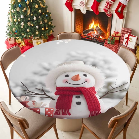 Fitted Tablecloth for 45-54in Round Table , Winter Snowman White Christmas Table Cover with Elastic Edge Waterproof Table Cloth, Snowflake Xmas Ball Circle Table Covers for Kitchen Picnic Party