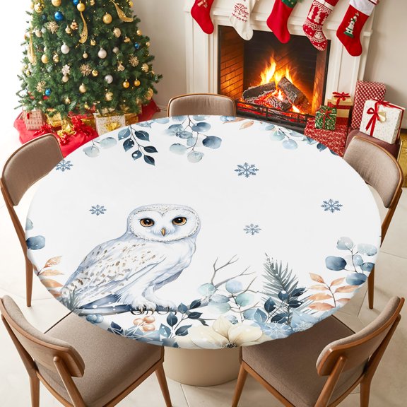 Fitted Tablecloth for 55-60in Round Table , Christmas Owl Poinsettia Eucalyptus Table Cover with Elastic Edge Waterproof Table Cloth, Winter Snowflake on White Circle Table Covers for Kitchen Party