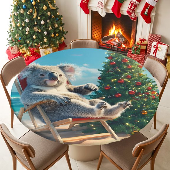 Fitted Tablecloth for 55-60in Round Table , Christmas Tree Cute Koala on Beach Table Cover with Elastic Edge Waterproof Table Cloth, Xmas Cartoon Circle Table Covers for Kitchen Picnic Party