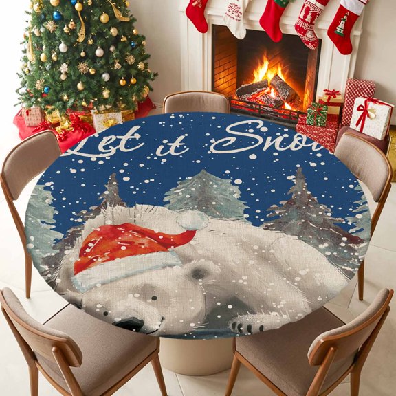 Fitted Tablecloth for 55-60in Round Table , Cute Christmas Bear Winter Snow on Blue Table Cover with Elastic Edge Waterproof Table Cloth, Watercolor Xmas Trees Circle Table Covers for Kitchen Party