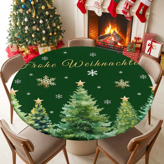 Fitted Tablecloth for 55-60in Round Table , Frohe Weihnachten Words Table Cover with Elastic Edge Waterproof Table Cloth, Winter White Gold Snowflakes Circle Table Covers for Kitchen Picnic Party