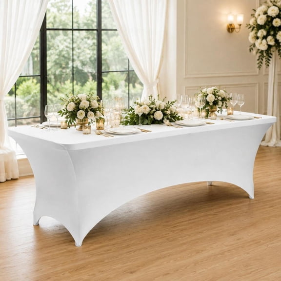 Fitted Tablecloth, 6 Pack 8Ft Rectangular, Wrinkle Resistant Stretch Spandex, White, for Wedding Banquet Events