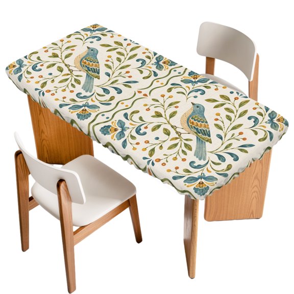 Fitted Tablecloth for 6 ft Rectangle Tables Bird Branches Table Cover with Elastic Edge Green Leaves Frame Waterproof Table Clothes for Patio Garden Dinner Party Picnic Indoor Outdoor Decor