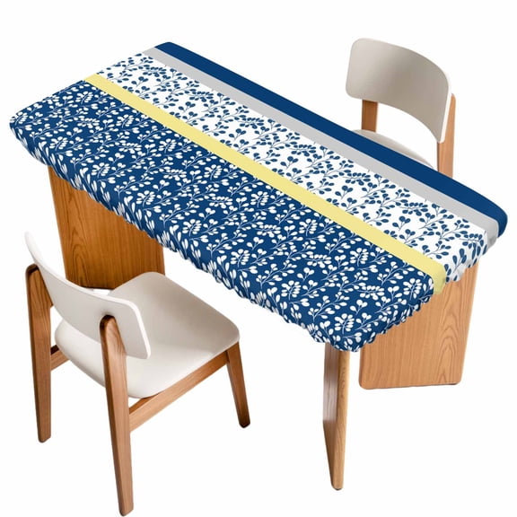 Fitted Tablecloth for 6 ft Rectangle Tables Blue Yellow Leaves Table Cover with Elastic Edge Stitching Stripes Waterproof Table Clothes for Patio Garden Dinner Party Picnic Indoor Outdoor Decor