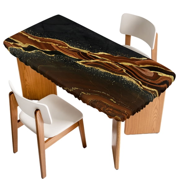 Fitted Tablecloth for 6 ft Rectangle Tables Brown Abstract Marble Table Cover with Elastic Edge Black Malachite Gold Veins Waterproof Table Clothes for Patio Garden Dinner Party Picnic Decor