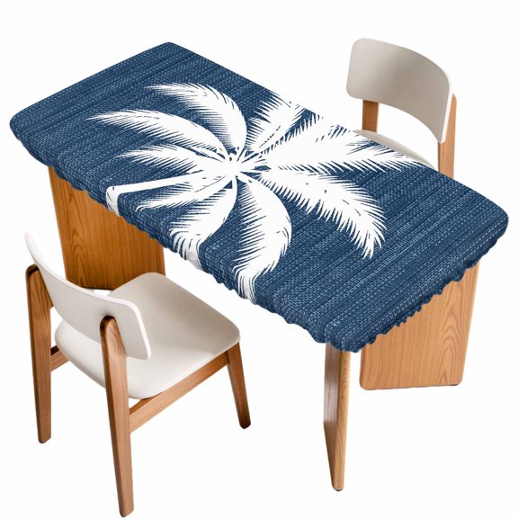 Fitted Tablecloth for 6 ft Rectangle Tables Denim Blue Linen Tropical Coconut Tree Table Cover with Elastic Edge Summer Palm Tree Waterproof Table Clothes for Patio Garden Dinner Party Picnic Decor