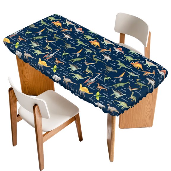 Fitted Tablecloth for 6 ft Rectangle Tables Dinosaur Family Table Cover with Elastic Edge Learning Alphabet A to Z Name Blue Waterproof Table Clothes for Patio Garden Dinner Party Picnic Decor
