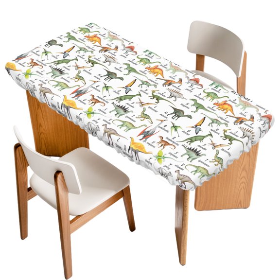 Fitted Tablecloth for 6 ft Rectangle Tables Dinosaur Family Table Cover with Elastic Edge Learning Alphabet A to Z Name Waterproof Table Clothes for Patio Garden Dinner Party Picnic Decor