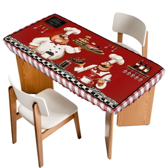 Fitted Tablecloth for 6 ft Rectangle Tables Funny Cooking Chef Table Cover with Elastic Edge Food Wine Red Plaid Waterproof Table Clothes for Patio Garden Dinner Party Picnic Indoor Outdoor Decor