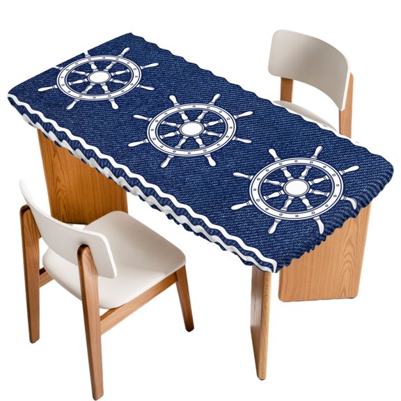 Fitted Tablecloth for 6 ft Rectangle Tables Nautical Captain's Wheel Table Cover with Elastic Edge Helm Navy Blue Stripes Waterproof Table Clothes for Patio Garden Dinner Party Picnic Decor