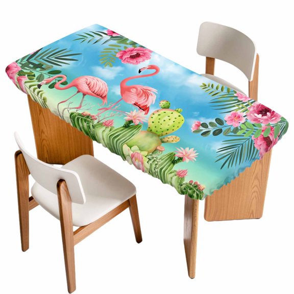 Fitted Tablecloth for 6 ft Rectangle Tables Pink Floral Flamingos Table Cover with Elastic Edge Summer Tropical Cactus Blue Sky Waterproof Table Clothes for Patio Garden Dinner Party Picnic Decor