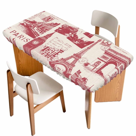 Fitted Tablecloth for 6 ft Rectangle Tables Red Eiffel Tower Table Cover with Elastic Edge France Paris Travel Landscape Waterproof Table Clothes for Patio Garden Dinner Party Picnic Decor