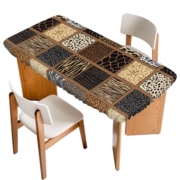 Fitted Tablecloth for 6 ft Rectangle Tables Tiger Leopard Zebra Print Table Cover with Elastic Edge Brown Animal Fur Plaid Waterproof Table Clothes for Patio Garden Dinner Party Picnic Decor