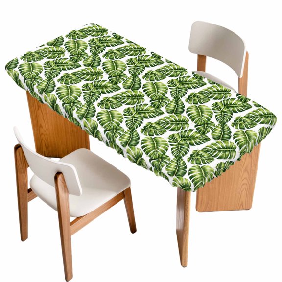 Fitted Tablecloth for 6 ft Rectangle Tables Tropical Monstera Leaf Table Cover with Elastic Edge Summer Palm Leaves Waterproof Table Clothes for Patio Garden Dinner Party Picnic Indoor Outdoor Decor