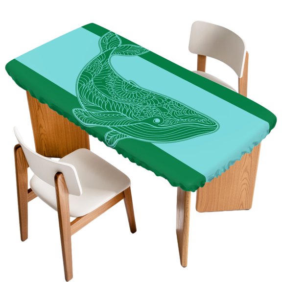Fitted Tablecloth for 6 ft Rectangle Tables Whale Table Cover with Elastic Edge Teal Green Stripes Lines Waterproof Table Clothes for Patio Garden Dinner Party Picnic Indoor Outdoor Decor