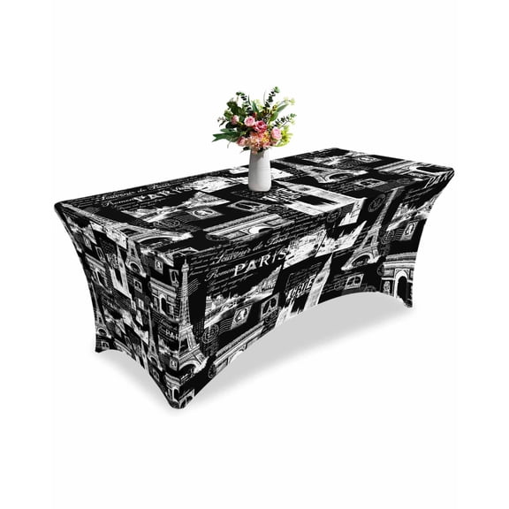 Fitted Tablecloth 6ft Black Eiffel Tower Rectangular Tablecloths Stretch Spandex Table Cover Washable Elastic France Paris Travel Landscape Table Cloth Protector for Dinner Party Wedding Banquet