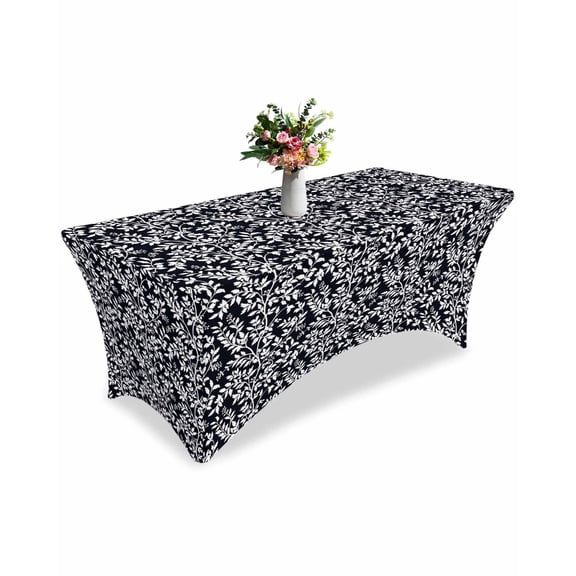 Fitted Tablecloth 6ft Black White Floral Leaves Rectangular Tablecloths Stretch Spandex Table Cover Washable Elastic Leaf Branch Plant Table Cloth Protector for Dinner Party Wedding Banquet