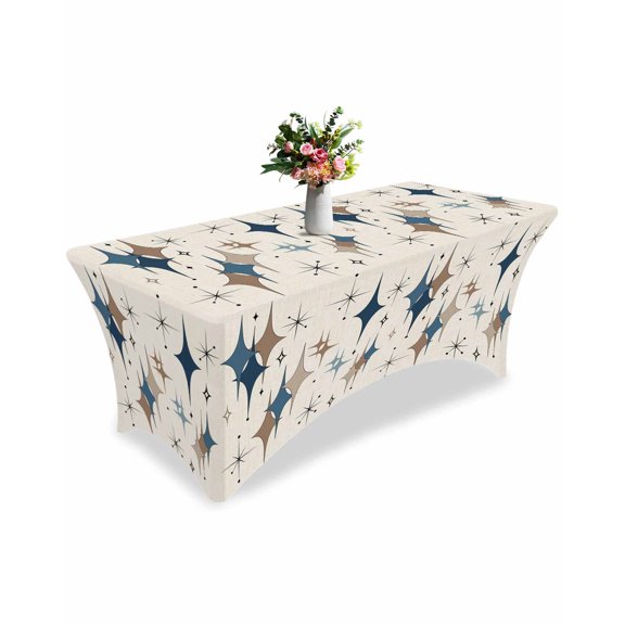 Fitted Tablecloth 6ft Blue Brown Diamond Rectangular Tablecloths Stretch Spandex Table Cover Elastic Modern Geometric Mid Century Linen Table Cloth Protector for Dinner Party Wedding Banquet