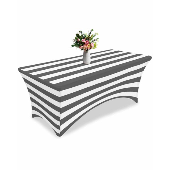 Fitted Tablecloth 6ft Classical Stripe Rectangular Tablecloths Stretch Spandex Table Cover Washable Elastic Dark Grey Table Cloth Protector for Dinner Party Wedding Banquet
