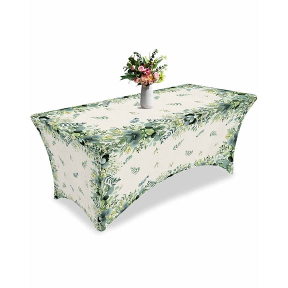 Fitted Tablecloth 6ft Eucalyptus Leaves Rectangular Tablecloths Stretch Spandex Table Cover Washable Elastic Spring Leaf Linen Table Cloth Protector for Dinner Party Wedding Banquet