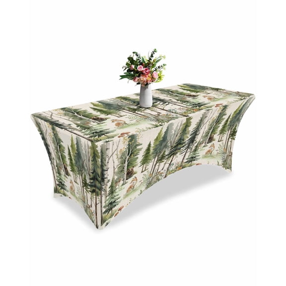 Fitted Tablecloth 6ft Forest Animal Rectangular Tablecloths Stretch Spandex Table Cover Washable Elastic Woodland Trees Bear Fox Deer Bird Table Cloth Protector for Dinner Party Wedding Banquet