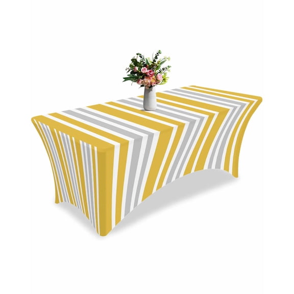 Fitted Tablecloth 6ft Ginger Stripes Rectangular Tablecloths Stretch Spandex Table Cover Washable Elastic Grey Striped Lines Table Cloth Protector for Dinner Party Wedding Banquet
