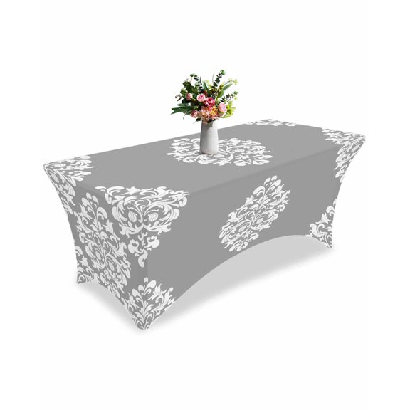 Fitted Tablecloth 6ft Gray Flower Rectangular Tablecloths Stretch Spandex Table Cover Washable Elastic Classical Luxury Abstract Art Table Cloth Protector for Dinner Party Wedding Banquet