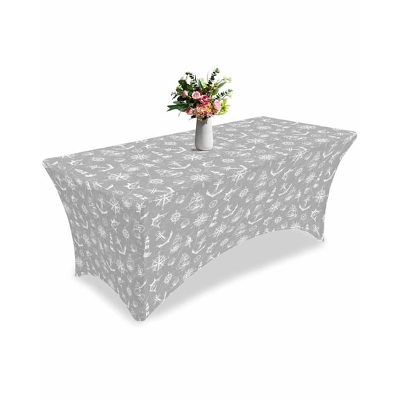 Fitted Tablecloth 6ft Grey Anchor Sailboat Rectangular Tablecloths Stretch Spandex Table Cover Washable Elastic Nautical Ocean Compass Map Table Cloth Protector for Dinner Party Wedding Banquet