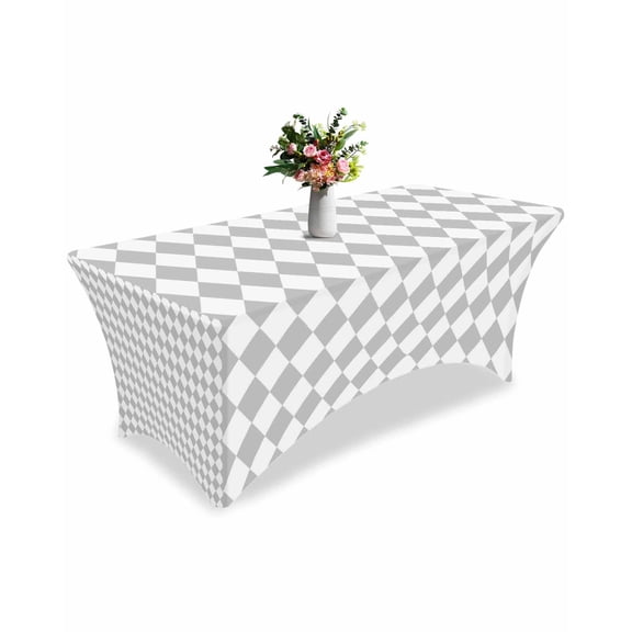 Fitted Tablecloth 6ft Grey Diamond Plaid Rectangular Tablecloths Stretch Spandex Table Cover Washable Elastic White Geometric Check Table Cloth Protector for Dinner Party Wedding Banquet