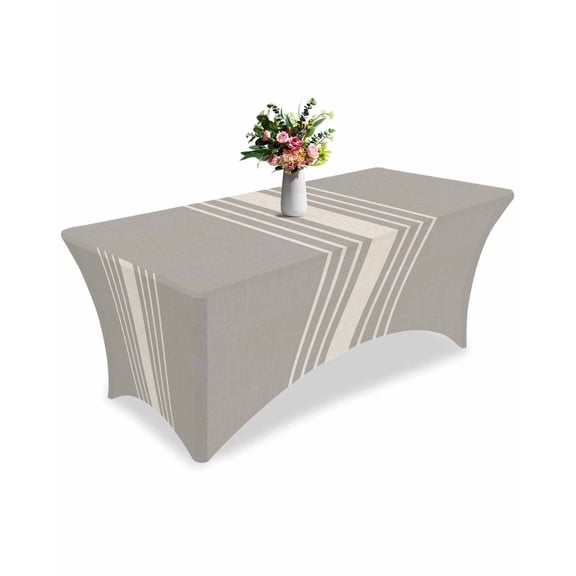 Fitted Tablecloth 6ft Grey Vertical Stripes Rectangular Tablecloths Stretch Spandex Table Cover Washable Elastic Classic Striped Linen Table Cloth Protector for Dinner Party Wedding Banquet