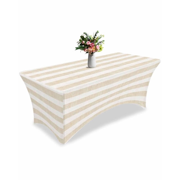 Fitted Tablecloth 6ft Linen Beige Stripes Rectangular Tablecloths Stretch Spandex Table Cover Washable Elastic Farmhouse Striped Table Cloth Protector for Dinner Party Wedding Banquet