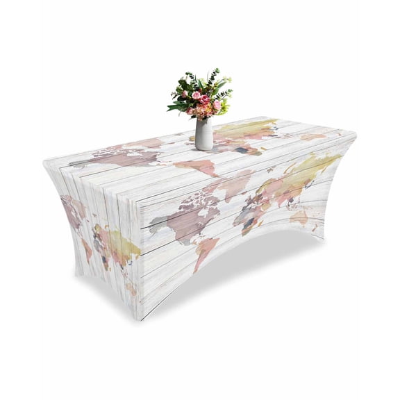 Fitted Tablecloth 6ft Maps Of The World Rectangular Tablecloths Stretch Spandex Table Cover Washable Elastic Earth Tourism Wood Grain Table Cloth Protector for Dinner Party Wedding Banquet
