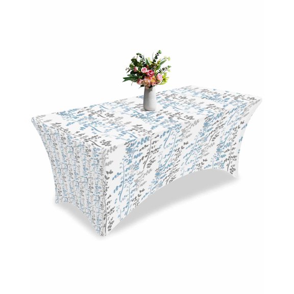 Fitted Tablecloth 6ft Mist Blue Leaf Rectangular Tablecloths Stretch Spandex Table Cover Washable Elastic Grey Leaves Branches Table Cloth Protector for Dinner Party Wedding Banquet