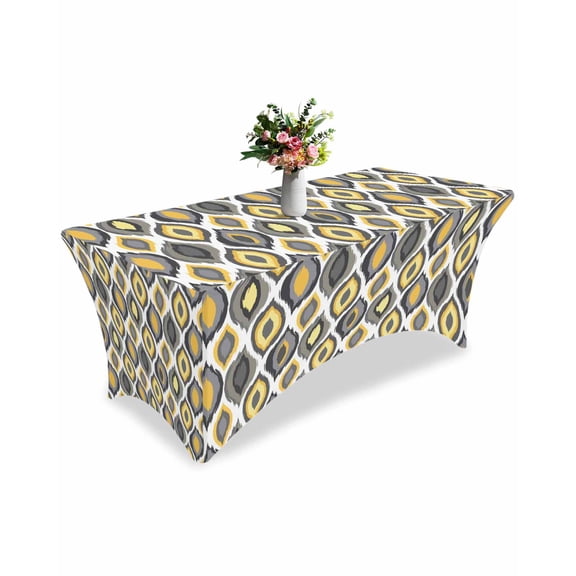 Fitted Tablecloth 6ft Modern Diamond Pattern Rectangular Tablecloths Stretch Spandex Table Cover Washable Elastic Yellow Geometric Lines Table Cloth Protector for Dinner Party Wedding Banquet