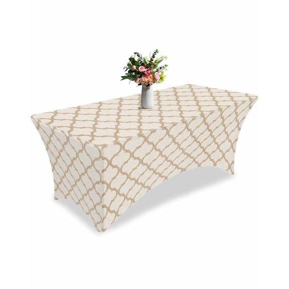 Fitted Tablecloth 6ft Moroccan Texture Rectangular Tablecloths Stretch Spandex Table Cover Washable Elastic Vintage Beige Linen Table Cloth Protector for Dinner Party Wedding Banquet