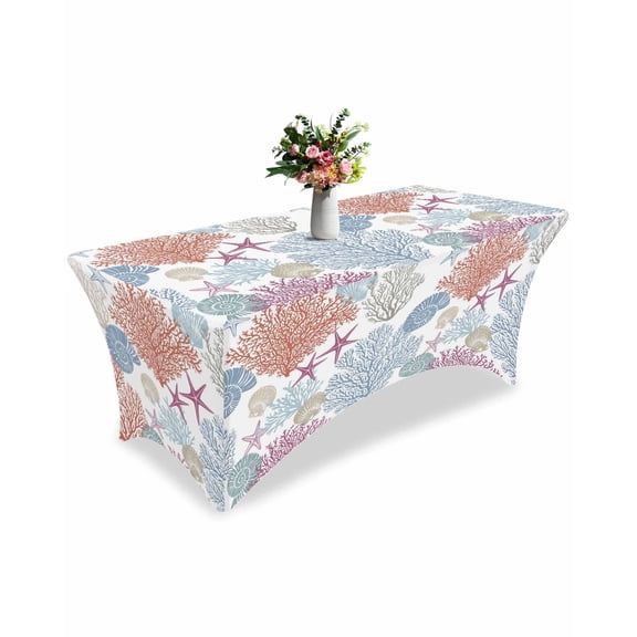 Fitted Tablecloth 6ft Ocean Coral Starfish Rectangular Tablecloths Stretch Spandex Table Cover Washable Elastic Beach Coastal Shell Table Cloth Protector for Dinner Party Wedding Banquet