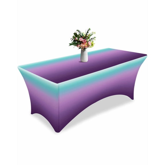 Fitted Tablecloth 6ft Ombre Purple Teal Rectangular Tablecloths Stretch Spandex Table Cover Washable Elastic Gradient Stripes Table Cloth Protector for Dinner Party Wedding Banquet