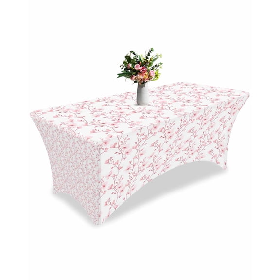 Fitted Tablecloth 6ft Pink Floral Rectangular Tablecloths Stretch Spandex Table Cover Washable Elastic Flower Tree Branch Table Cloth Protector for Dinner Party Wedding Banquet