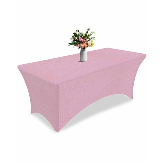 Fitted Tablecloth 6ft Pink Linen Texture Rectangular Tablecloths Stretch Spandex Table Cover Washable Elastic Farmhouse Solid Color Table Cloth Protector for Dinner Party Wedding Banquet