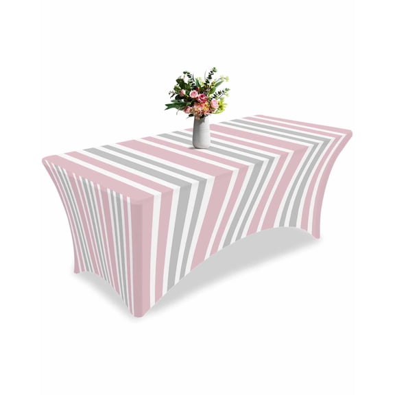 Fitted Tablecloth 6ft Pink Stripes Rectangular Tablecloths Stretch Spandex Table Cover Washable Elastic Grey Vertical Striped Lines Table Cloth Protector for Dinner Party Wedding Banquet