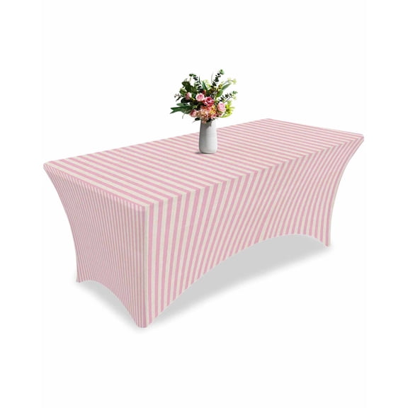 Fitted Tablecloth 6ft Pink Stripes Rectangular Tablecloths Stretch Spandex Table Cover Washable Elastic Linen Classic Vertical Striped Table Cloth Protector for Dinner Party Wedding Banquet