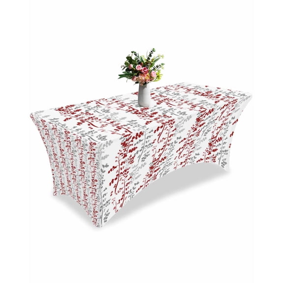 Fitted Tablecloth 6ft Red Leaf Rectangular Tablecloths Stretch Spandex Table Cover Washable Elastic Grey Leaves Branches Table Cloth Protector for Dinner Party Wedding Banquet