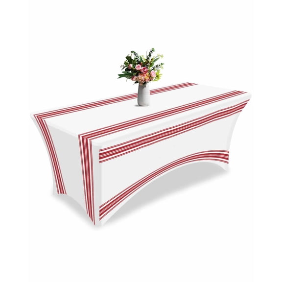 Fitted Tablecloth 6ft Red Ticking Vertically Stripe Rectangular Tablecloths Stretch Spandex Table Cover Washable Elastic Simple Style White Table Cloth Protector for Dinner Party Wedding Banquet