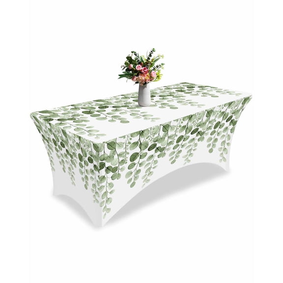 Fitted Tablecloth 6ft Sage Green Eucalyptus Leaf Rectangular Tablecloths Stretch Spandex Table Cover Washable Elastic Leaves Branch Table Cloth Protector for Dinner Party Wedding Banquet