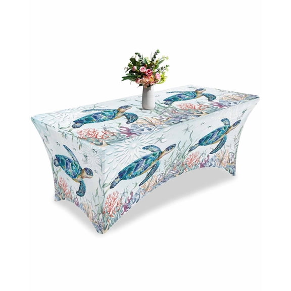 Fitted Tablecloth 6ft Sea Turtle Rectangular Tablecloths Stretch Spandex Table Cover Washable Elastic Ocean Coral Seagrass Table Cloth Protector for Dinner Party Wedding Banquet