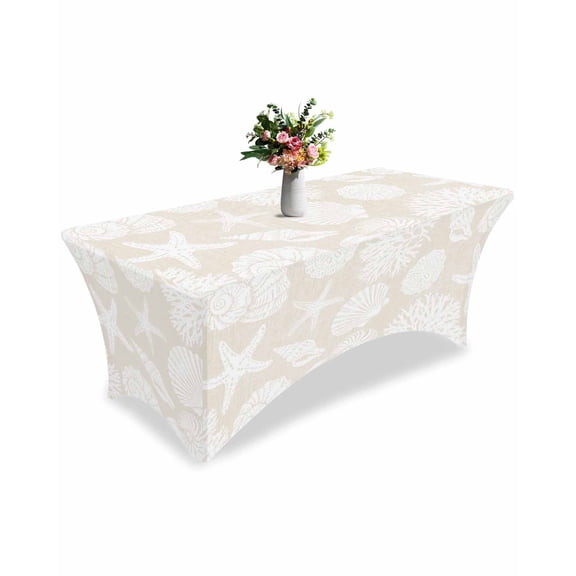 Fitted Tablecloth 6ft Shell Starfish Rectangular Tablecloths Stretch Spandex Table Cover Washable Elastic Linen Coastal Coral Conch Table Cloth Protector for Dinner Party Wedding Banquet